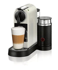 Slick Compact Coffee And Espresso Machine With Integrated Milk Frother Glossy White counter design with latte ready.