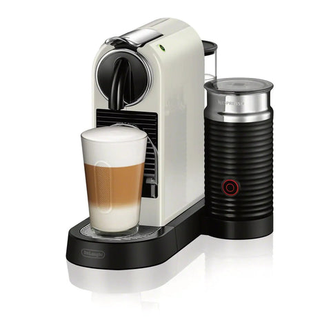 Slick Compact Coffee And Espresso Machine With Integrated Milk Frother Glossy White counter design with latte ready.