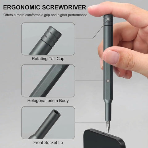 Close-up of ergonomic screwdriver from 25 In 1 Magnetic Precision Screwdriver Set for Phones Laptops PCs PS5 Controllers Switches Watches Glasses