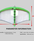 Green inflatable surfing wing for windsurfing and kitesurfing, size 348cm x 134cm, hand-held wing foil accessory for water sports