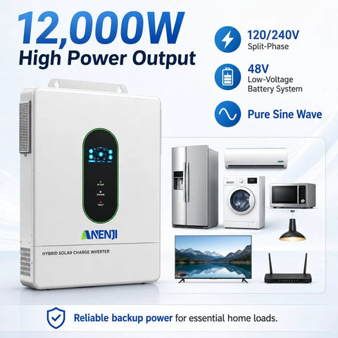 Rugged Heavy Duty 12000W Solar Hybrid Inverter That Kicks Serious Power Handling 48V DC To 120V And 240V AC Split Phase Pure Sine Wave with display.