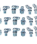 80 Pack Hydraulic Zerk Grease Fitting Assortment Kit With One Eighth And One Quarter Inch Straight And Angle Nozzles 180 Degree 45 Degree 90 Degree Galvanized Blue Zinc Iron Hex Nozzles displayed in various angles