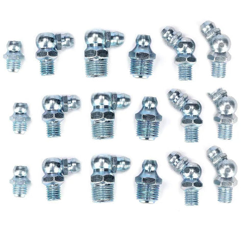 80 Pack Hydraulic Zerk Grease Fitting Assortment Kit With One Eighth And One Quarter Inch Straight And Angle Nozzles 180 Degree 45 Degree 90 Degree Galvanized Blue Zinc Iron Hex Nozzles displayed in various angles