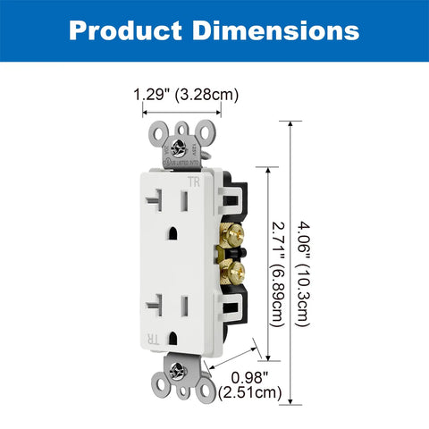 Dimensions of Workhorse 20 Amp Decorator Tamper Resistant Wall Outlet For Home And Biz Use, 125V 2500W, UL Listed, White Finish