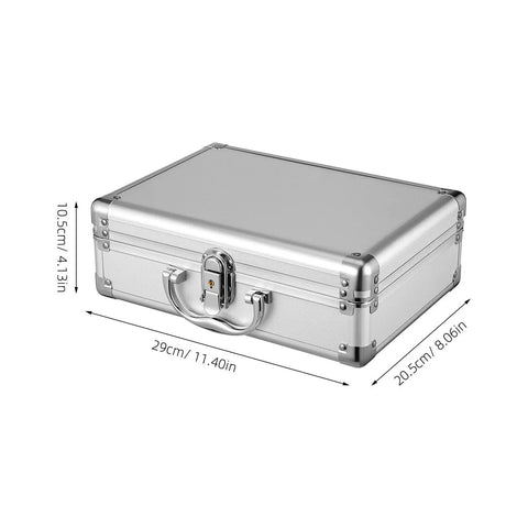 Kickass Top Notch Heavy Duty Aluminum Alloy Tool Case With Custom Foam Insert Hard Shield For Cameras Cosmetics And Small Tech Gear Portable Metal Briefcase Pro, shown from the side with dimensions.