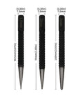 Three Piece Black High Carbon Steel Center Punch Drill Kit With 1.5mm 2mm 3mm Tips shown vertically with measurements