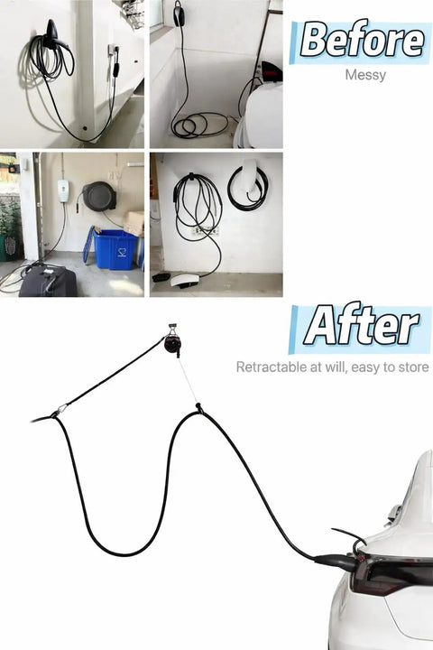 Straight Up Genius For Home EV Charging With This Overhead Retractable Cord Reel showing clean installation with 6.6 ft cord.