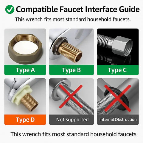 Compatible faucet interfaces for 14 In 1 Multi Function Faucet And Sink Installer Tool with Type A to D nut fittings guide.