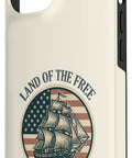 Patriotic Sailboat Case For iPhone 15 With Red White And Blue USA Pride Fourth Of July Vibes Fireworks Parades Ready American Flag Design Durable Protective Case For Everyday Americana featuring ship and 1776 text.