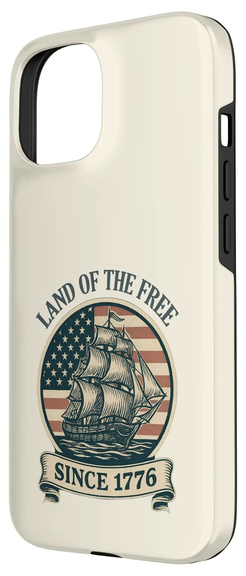 Patriotic Sailboat Case For iPhone 15 With Red White And Blue USA Pride Fourth Of July Vibes Fireworks Parades Ready American Flag Design Durable Protective Case For Everyday Americana featuring ship and 1776 text.