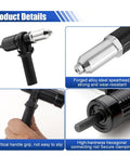 Cordless Rivet Gun Tool Kit With Four Rivet Heads 2.4mm 3.2mm 4.0mm And 4.8mm, black alloy steel head and handle close-up