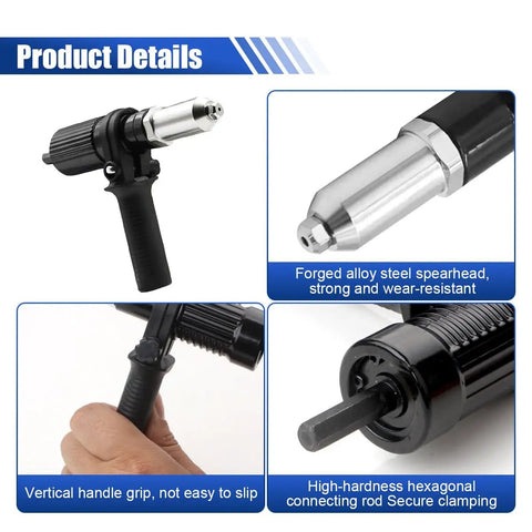 Cordless Rivet Gun Tool Kit With Four Rivet Heads 2.4mm 3.2mm 4.0mm And 4.8mm, black alloy steel head and handle close-up