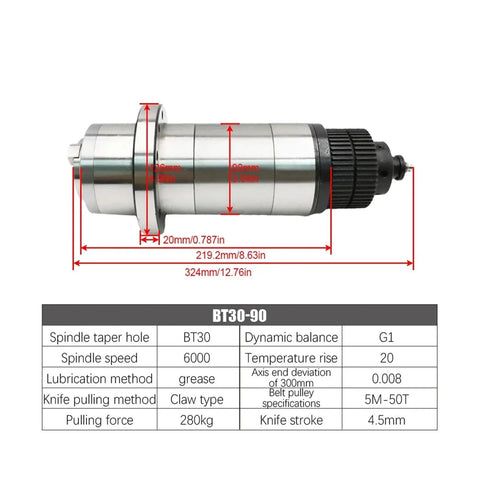 Built Tough Industrial Bt30 Atc Spindle With Five Heavy Duty Bearings And Synchronous Belt Drawbar For Cnc Milling Router Power Head Motor Plus Fast Swap Tool System dimensions with specifications.