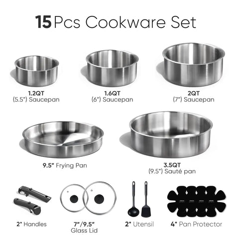 15 Piece Stainless Steel Pots And Pans Set With Detachable Handle Induction Compatible Oven Safe Up To 600 Degrees Non Warping