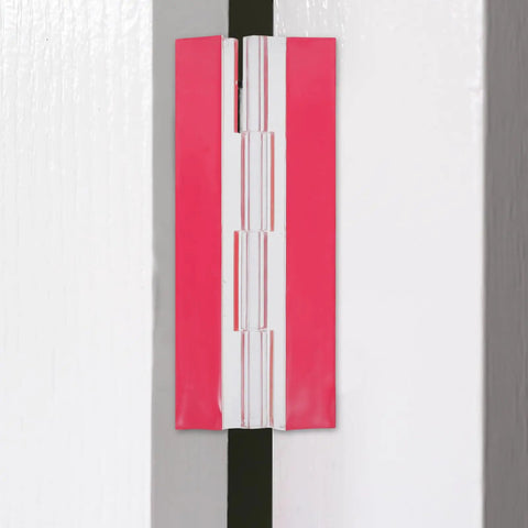 Self-Adhesive Acrylic Hinges 100x42mm for cabinets and wooden boxes, transparent with red adhesive backing, closed position