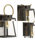 Barnett Outdoor One Light Wall Lantern In Antique Bronze Finish close-up showing details of clear glass panes and metalwork