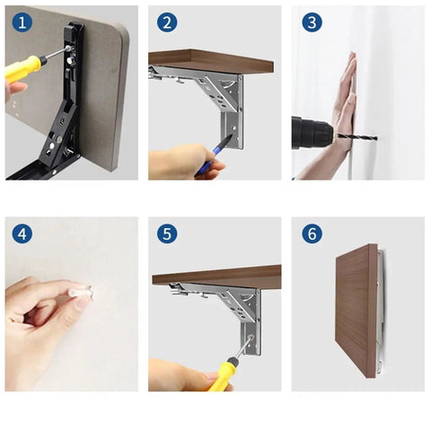 Installation steps for Two Piece Folding Angle Bracket Shelf Heavy Duty Adjustable Wall Mount For Tools White 12 Inch Space Saving Design