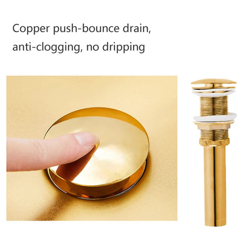 Top Shelf Stainless Steel Gold Vessel Sink, Semi Circular Above Counter Basin With Push Type Drain showing copper push-bounce drain.