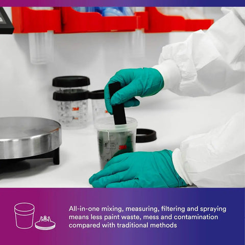 Person using Mini 6 Oz PPS Paint Cup Lids And Liners Kit with gloves for paint mixing, featuring 125 micron filter in a workshop.