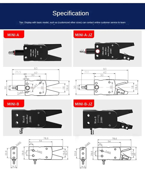 Pro Grade Robot Accessories Mini Jig Set A B C E Aluminum Alloy Nozzle Clips For Injection Molding Machines Pneumatic Mini Clips MiniC JZ Dope Durable Precision Alignment And Quick Swap dimensions chart