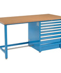Heavy Duty Modular Workbench Built Tough With Seven Deep Storage Drawers Center Locking Cylinder Full Extension Rollers Shop Ready No Nonsense Workshop Rig Blue Steel Frame 72 By 30 Inches Wide side view of blue workbench with wood top and seven drawers