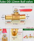 Heavy Duty Brass Ball Valve With Hose Barb Fitting Transitions 1/4 Inch To 12mm Tubing shown at multiple angles with dimensions.