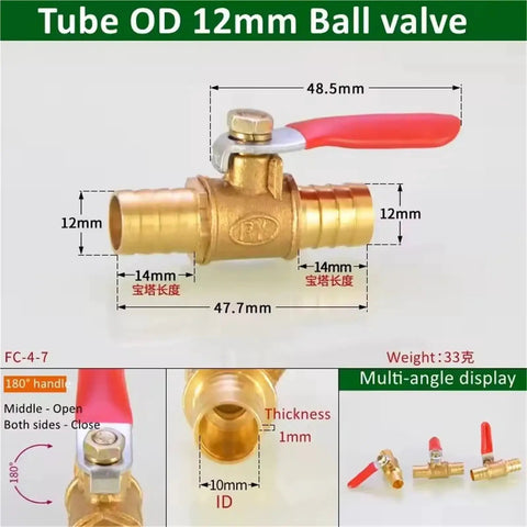 Heavy Duty Brass Ball Valve With Hose Barb Fitting Transitions 1/4 Inch To 12mm Tubing shown at multiple angles with dimensions.