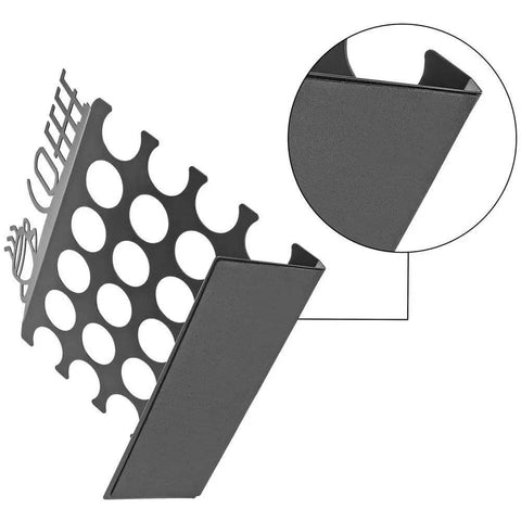 Space Saving K Cup Pod Holder For Countertop Holds 24 Coffee Pods in sleek black metal display, side view close-up.