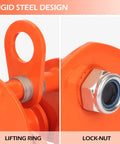 Close-up of Workhorse 2 Ton Manual I Beam Trolley With Dual Wheels Track Roller showing lifting ring and lock-nut details