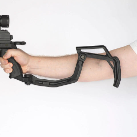 Person demonstrating Easy Install Folding Stock Crossbow Adapter For BAT And BAT Reverse Crossbow in folded position