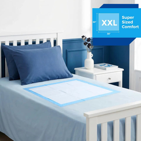 Ultra Thick, Super Absorbent Disposable Bed Pads 30x36 Inches for Adults, Seniors, and Pets on a bed with blue pillows.