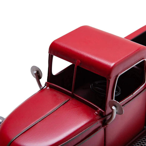 Iron Classic Red 12 Inch Pickup Truck Figurine For Home Decor showing cab detail and vintage styling, iron material visible