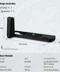 OM System OM 3 Hand Grip Camera Bracket With Arca Swiss Interface, shown with dimensions and hex spanner included