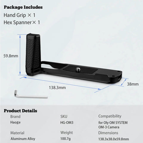 OM System OM 3 Hand Grip Camera Bracket With Arca Swiss Interface, shown with dimensions and hex spanner included
