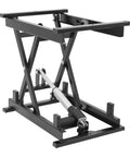 Heavy Duty Dc 24v Electric Scissor Lift Table With 250lbs Load Capacity Plus Handy Remote Control For Smooth Hydraulic Material Handling And Sturdy Workstation Support angle view of the steel frame and hydraulic mechanism.