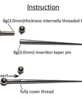 8G 3.0mm 316L Stainless Steel Calor Style Taper Insertion Pin for Stretching Kit Stretcher Body Piercing Tool No Thread Inside Hollow End Concave Taper Perfect for Gauge Expansion from 12g to 8g and 10g to 8g Pro Grade showing threaded bar and insertion taper