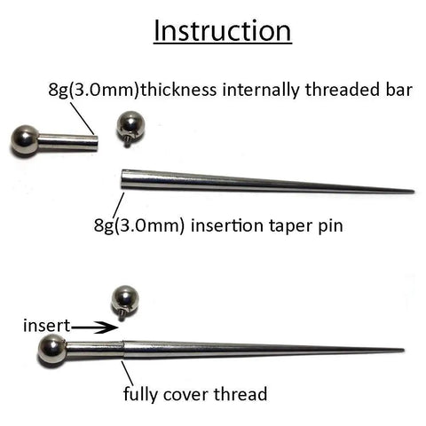 8G 3.0mm 316L Stainless Steel Calor Style Taper Insertion Pin for Stretching Kit Stretcher Body Piercing Tool No Thread Inside Hollow End Concave Taper Perfect for Gauge Expansion from 12g to 8g and 10g to 8g Pro Grade showing threaded bar and insertion taper