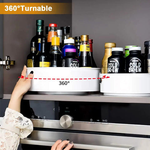 Person using 360 Degree Rotating Lazy Susan Turntables Two Size Pack 9 Inch And 12 Inch for kitchen cupboards storage.