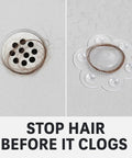 Clear PVC drain cover with hair caught on it, part of the 2 Pack Hair Catcher Drain Cover equipped with six super grippy suction cups.