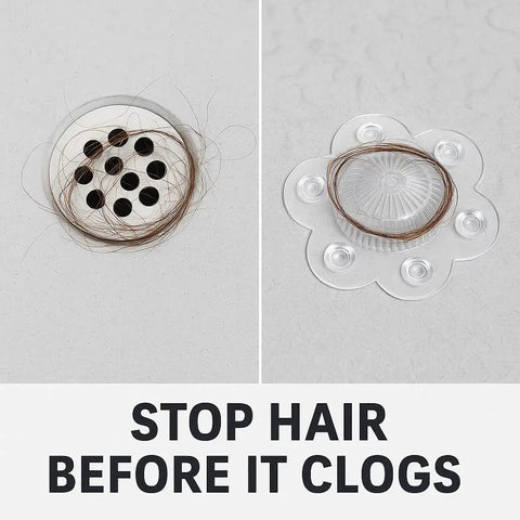 Clear PVC drain cover with hair caught on it, part of the 2 Pack Hair Catcher Drain Cover equipped with six super grippy suction cups.
