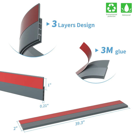 Ultimate Door Draft Stopper 2 Pack For Under Door Sweep Fits Interior And Exterior Doors Weather Stripping Seal Silicone Draft Guard For Noise Reduction And Cold Air Insulation 2 In W X 39 In L Grey, showing 3-layer design, 3M glue, dimensions 2" x 39.3".