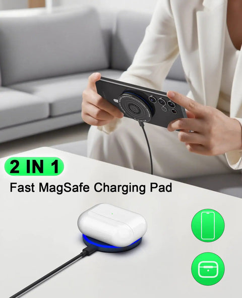 Person holding phone near 2 Pack Magnetic Wireless Charger Pads With 6ft Cable 15W Fast Charging Strong Magnetic Alignment