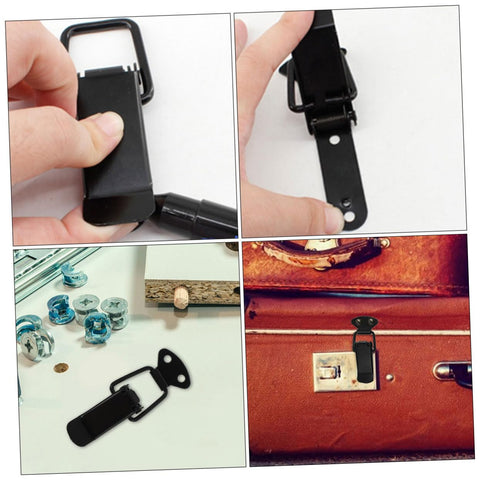 4 Pack Spring Loaded Toggle Latch Clips Hasp Kit For Cabinets Doors Windows Lids shown in use and installation details