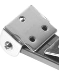 Close-up of stainless steel flexible T handle latch for tool boxes and automotive use, showing mounting holes and sturdy build