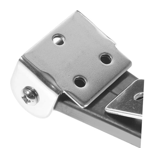 Close-up of stainless steel flexible T handle latch for tool boxes and automotive use, showing mounting holes and sturdy build