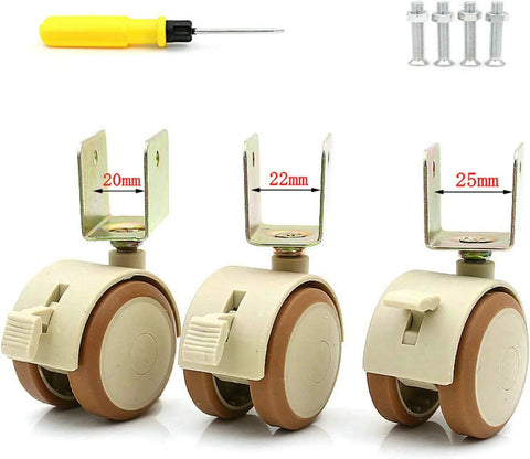 1.8 Inch Swivel Caster Wheels With Brake Top Notch Smooth Rolling Twin Wheel Furniture Casters showing sizes 20mm, 22mm, 25mm with screws and screwdriver.