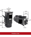 Front and side views of two YJHQJNLE servo motors with shafts and mounting-dimension diagram.