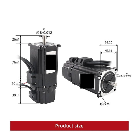Front and side views of two YJHQJNLE servo motors with shafts and mounting-dimension diagram.