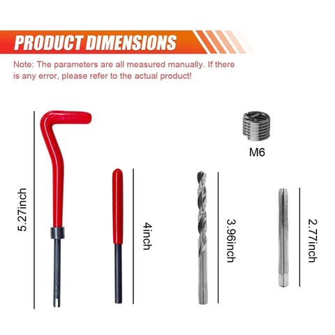 Dimensions and components of M6 x 1.0mm Thread Repair Insert Kit With Stainless Steel Helicoil Inserts displayed.