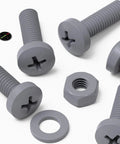 Top Shelf M6 X 20 Millimeter Polypropylene Cross Pan Head Bolts Kit With Corrosion Resistant Nuts And Washers For Straight Up DIY Fixes And Heavy Duty Assembly Work In Slick Dark Gray, featuring gray plastic bolts, nuts, and washers.